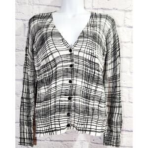 Loft White Black Plaid Button Up Cardigan Sweater MP Lightweight Soft Stretchy